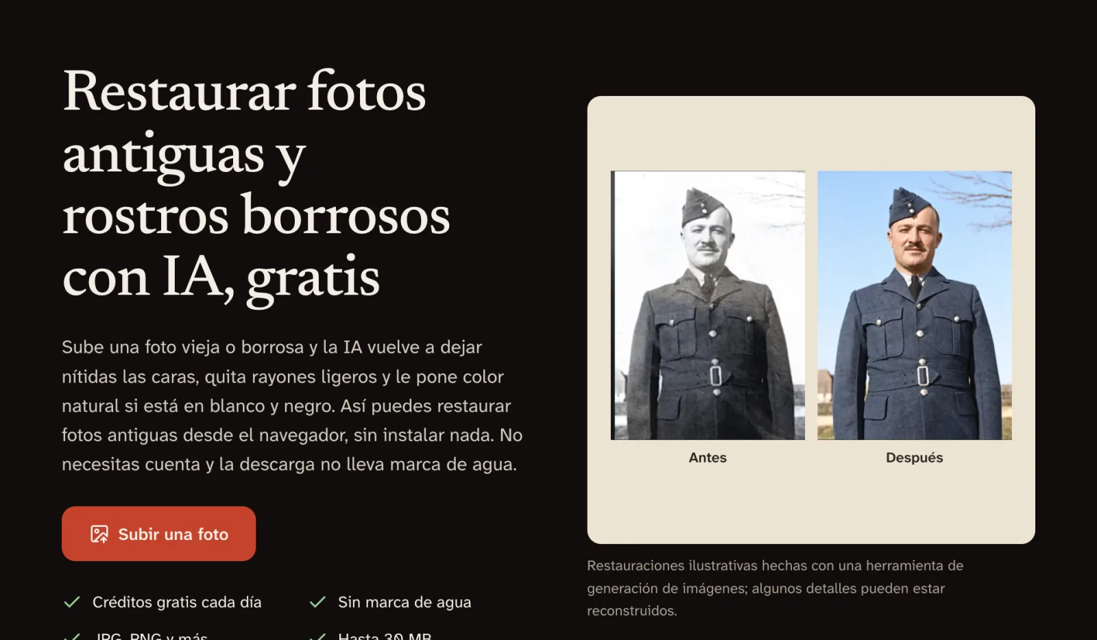 Página de inicio de GFPGAN.io con el botón rojo Subir una foto junto al antes y después de un retrato de soldado