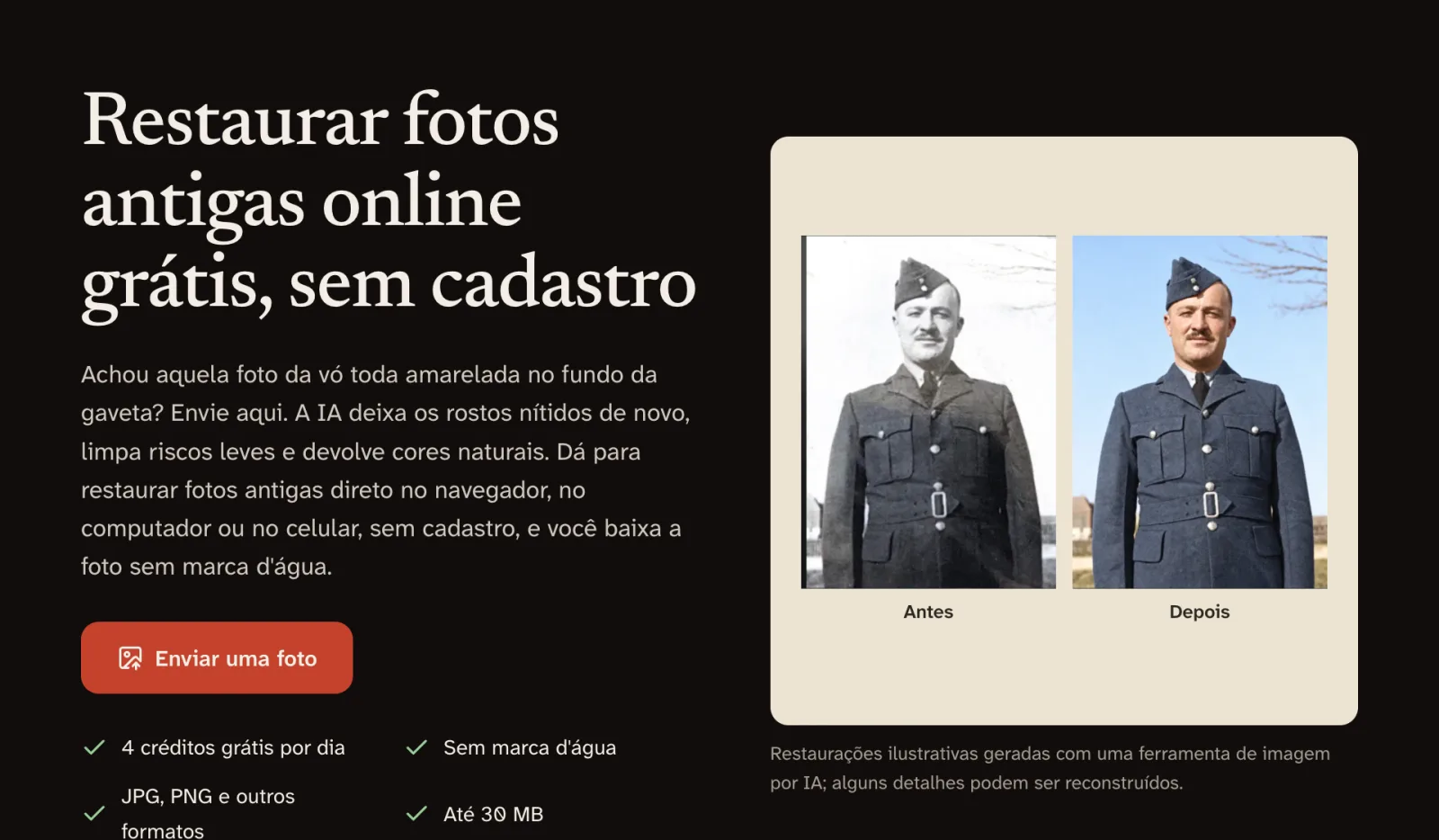 Página inicial do GFPGAN.io com o botão vermelho Enviar uma foto ao lado do retrato de um soldado, antes e depois
