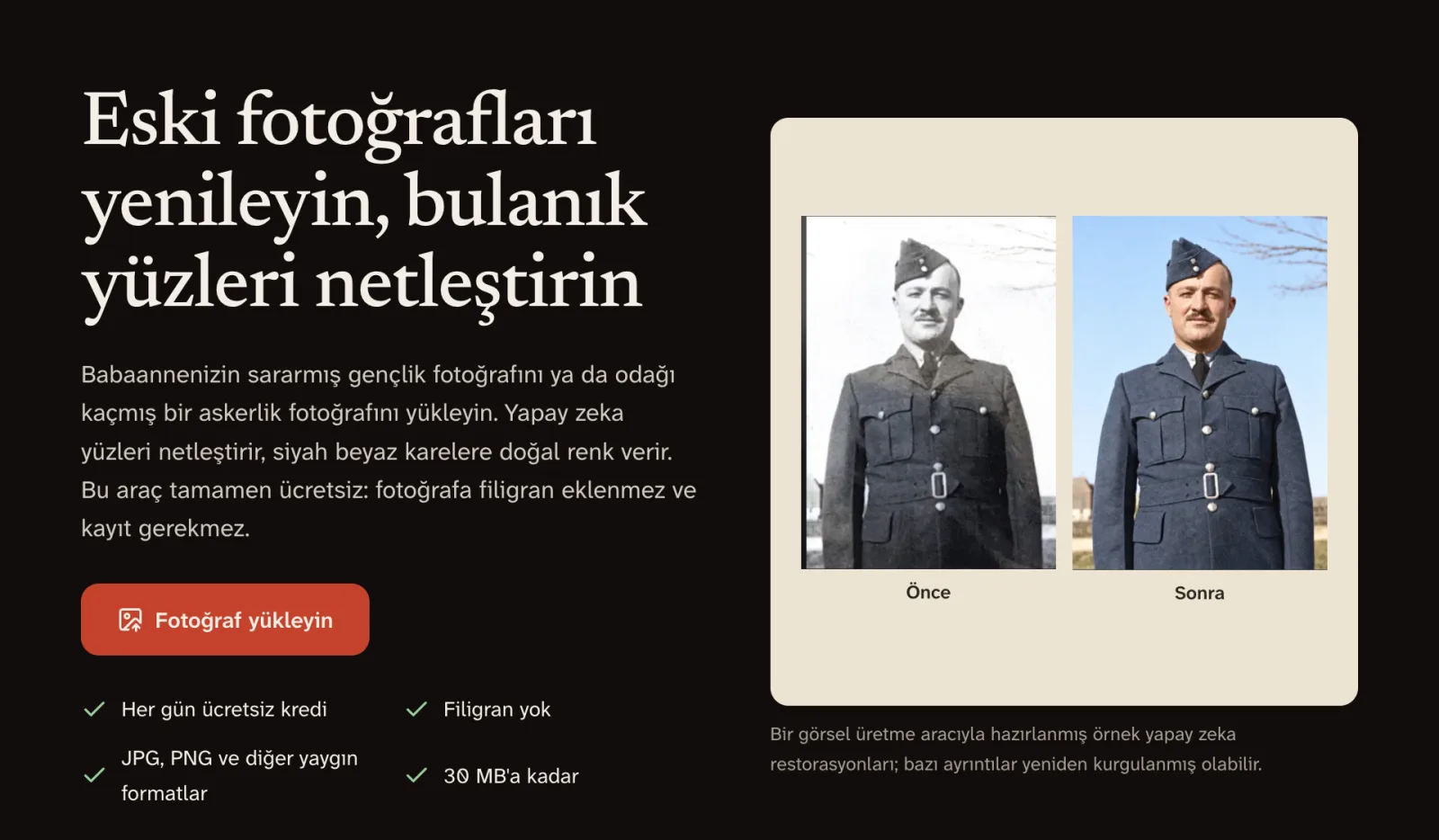 Kırmızı Fotoğraf yükleyin düğmesi ve yanında önce-sonra asker portresi bulunan GFPGAN.io ana sayfası