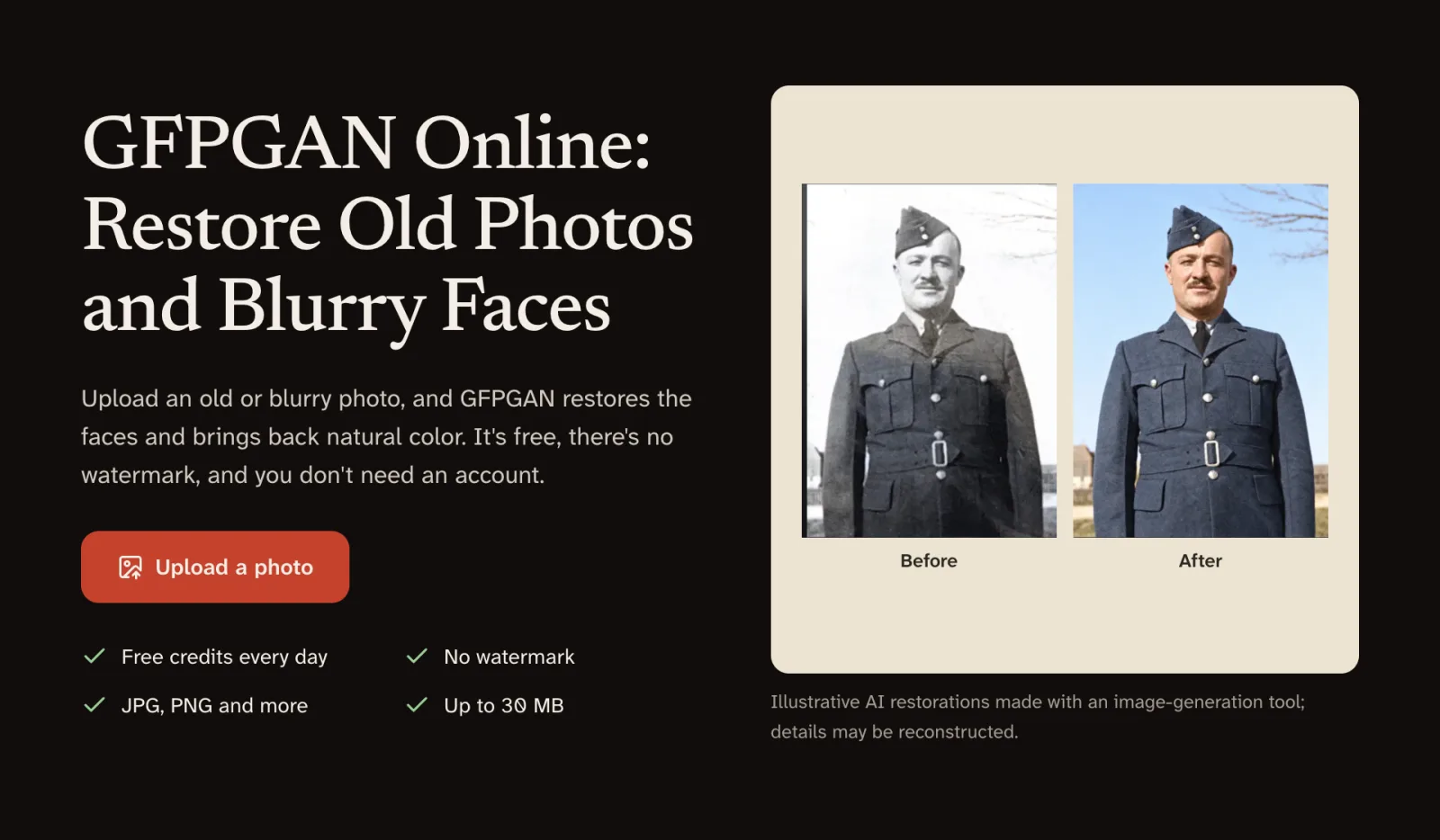 The GFPGAN.io home page with a red Upload a photo button next to a before-and-after soldier portrait