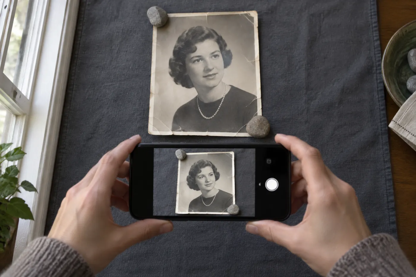 A phone held flat above an old black-and-white portrait lying on a dark cloth by a window