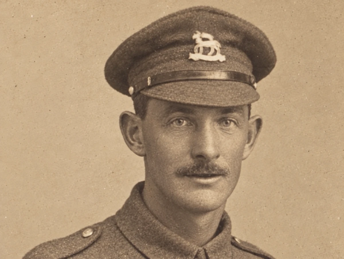 The same soldier portrait restored, tears gone and the face sharp
